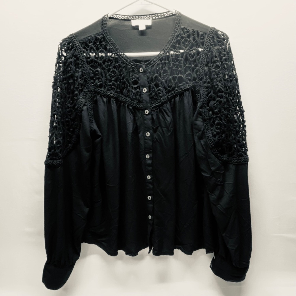 Jennifer & Grace Button Down Blouse Women's Large Black Crochet Collar/Sleeve